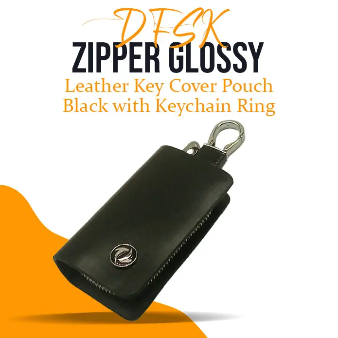 Dfsk Zipper Glossy Leather Key Cover Pouch Black With Keychain Ring 1