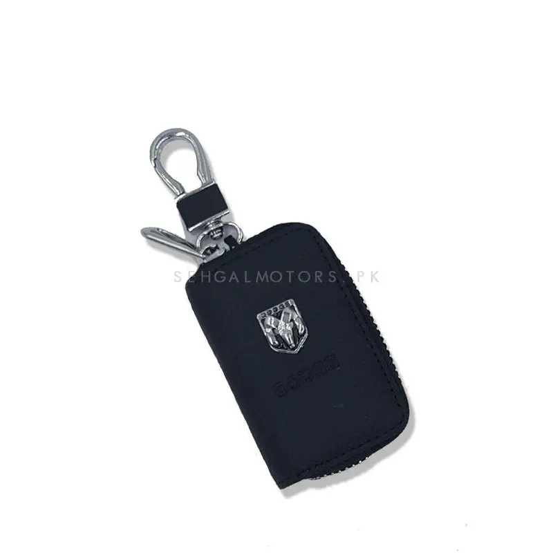 Dodge Zipper Matte Leather Key Cover Pouch Black With Keychain Ring 2