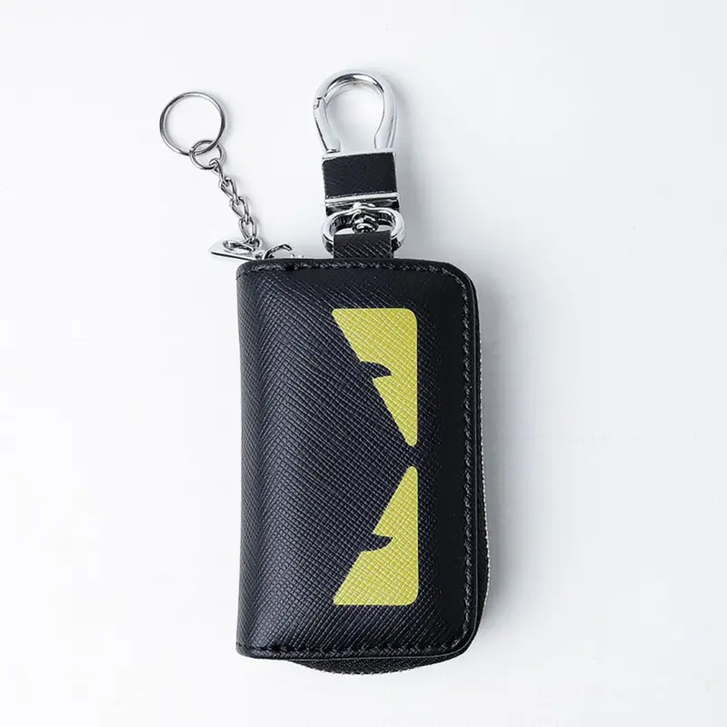 Fendy Eyes Zipper Matte Leather Key Cover Pouch Black - With Keychain Ring 2
