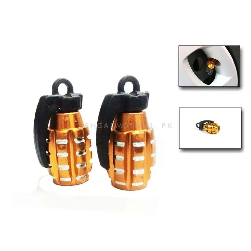Grenade Tire Tyre Air Valve Nozzle Caps - Golden - 2 Pcs High Quality Aluminum Tyre Valve Caps 2