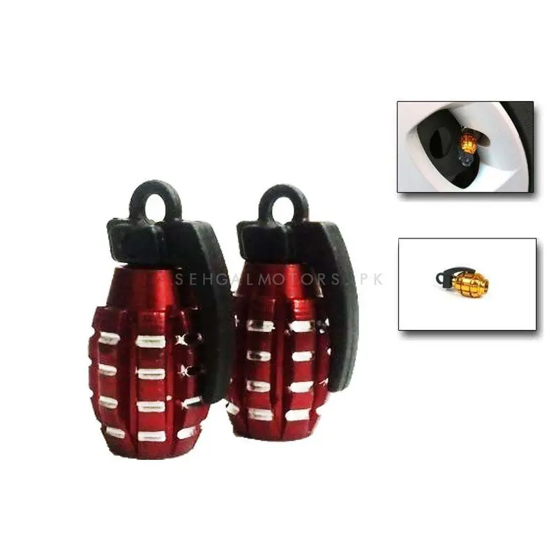 Grenade Tire Tyre Air Valve Nozzle Caps - Red - 2 Pc High Quality Aluminum Tyre Valve Caps 2