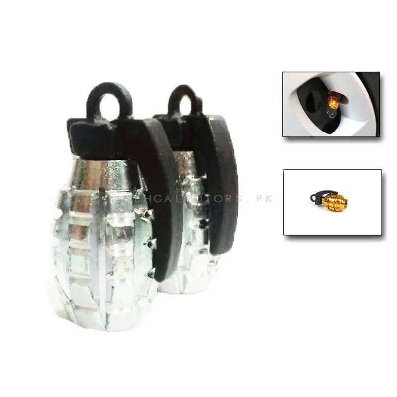 Grenade Tire Tyre Air Valve Nozzle Caps - Silver - 2 Pc - High Quality Aluminum Tyre Valve Caps 2