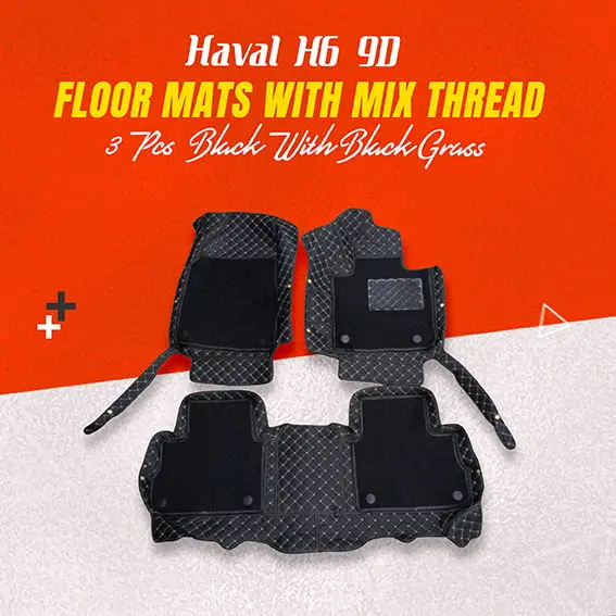 Haval H6 9D Floor Mats With Mix Thread 3 Pcs - Black With Black Grass 1