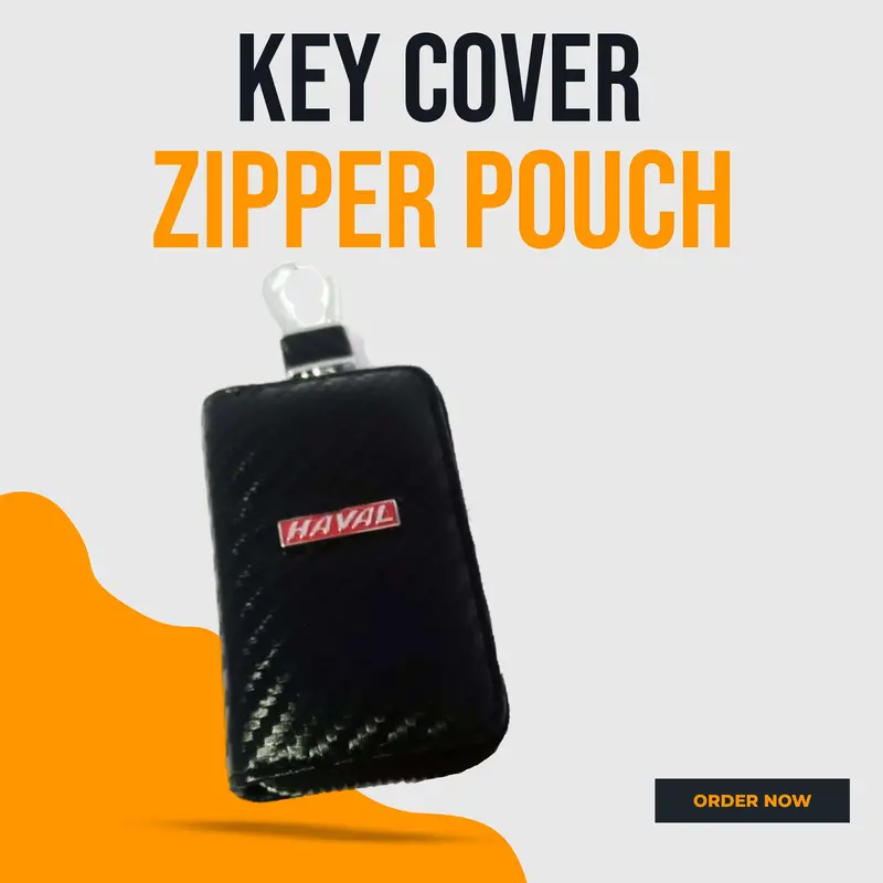 Haval Zipper Carbon Fiber Leather Key Cover Pouch - Black With Keychain Ring 1