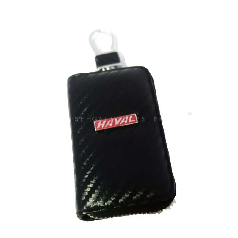 Haval Zipper Carbon Fiber Leather Key Cover Pouch - Black With Keychain Ring 2