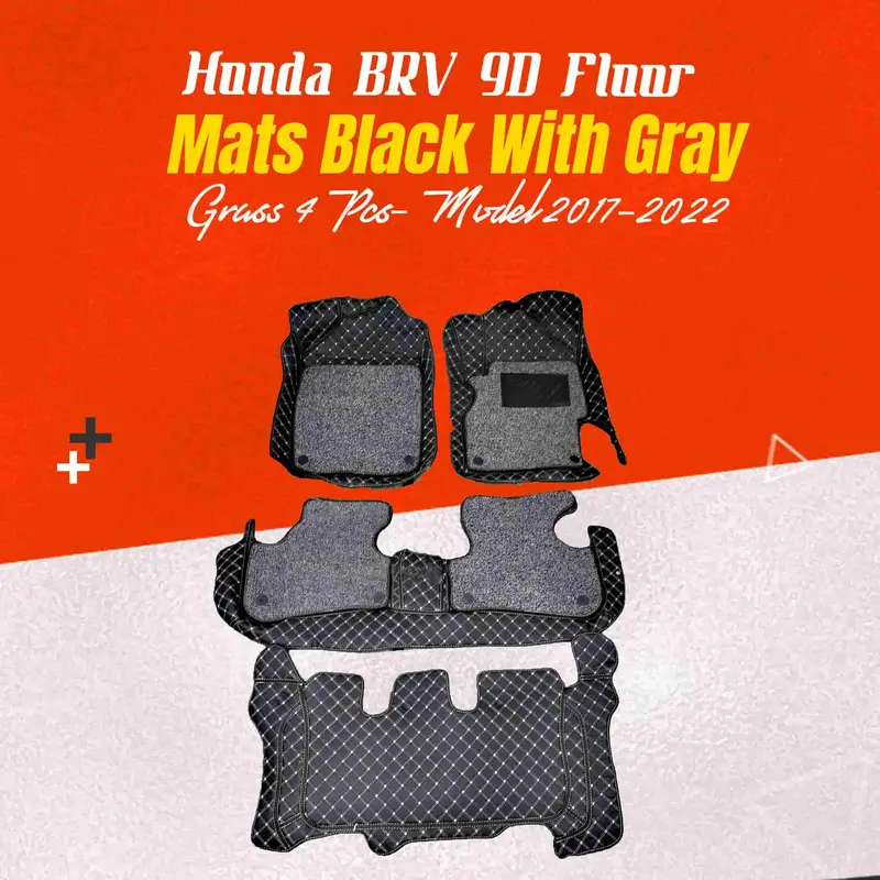 Honda Brv 9D Floor Mats Mix Thread  4 Pcs 2017 - 2025 - Black With Gray Grass 1