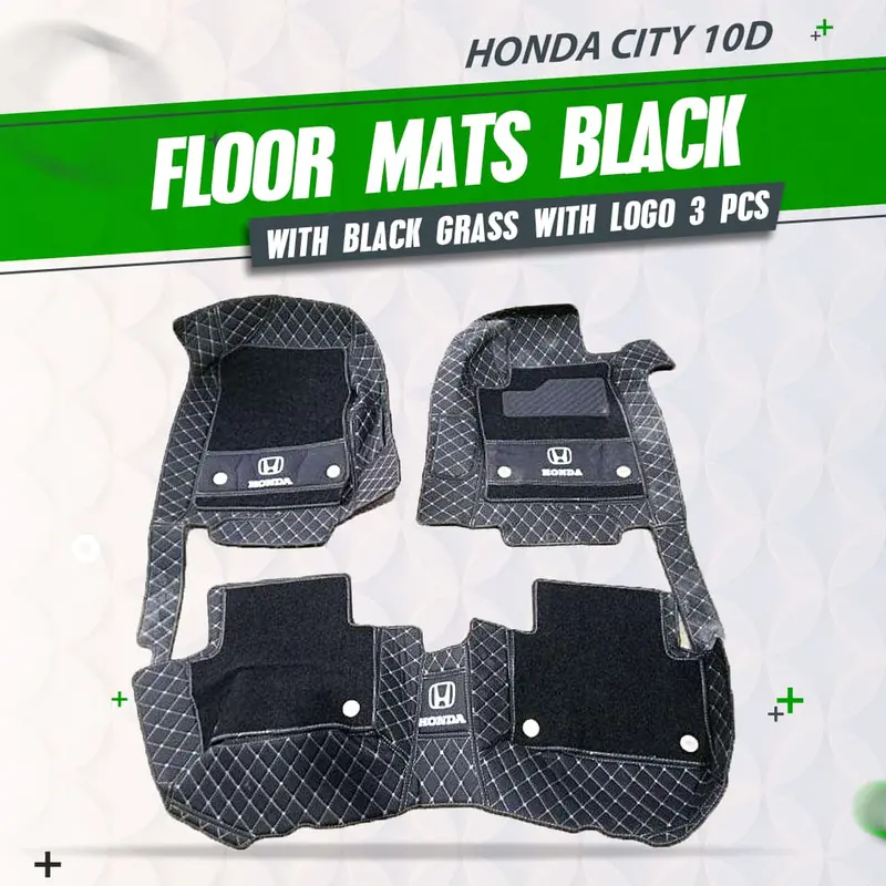 Honda City 10D Floor Mats - Mix Thread Black With Black Grass 2008 - 2025 - With Logo - 3 Pcs Set 1