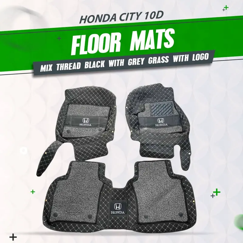 Honda City 10D Floor Mats - Mix Thread Black With Grey Grass With Logo 2008 - 2025 - 3 Pcs Set 1