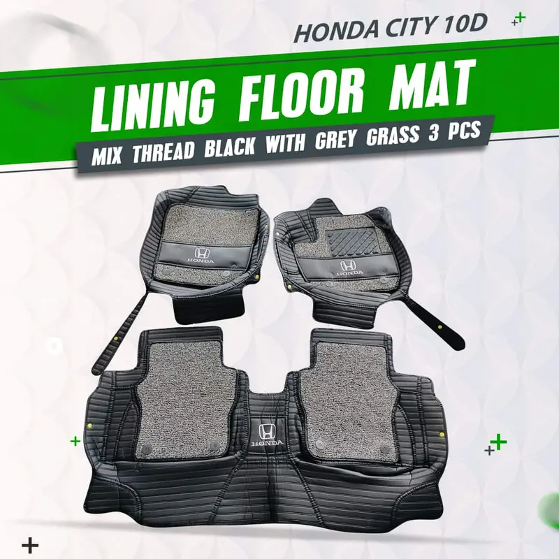 Honda City 10D Lining Floor Mats Black With Grey Grass 3Pcs 2022 - 2025 - Mix Thread 1