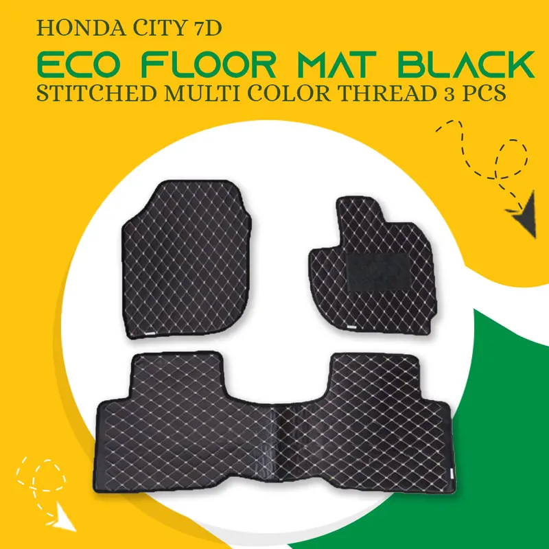 Honda City 7D Eco Floor Mats Black 2021 - 2025 - Stitched Multicolor Thread 3 Pcs 1