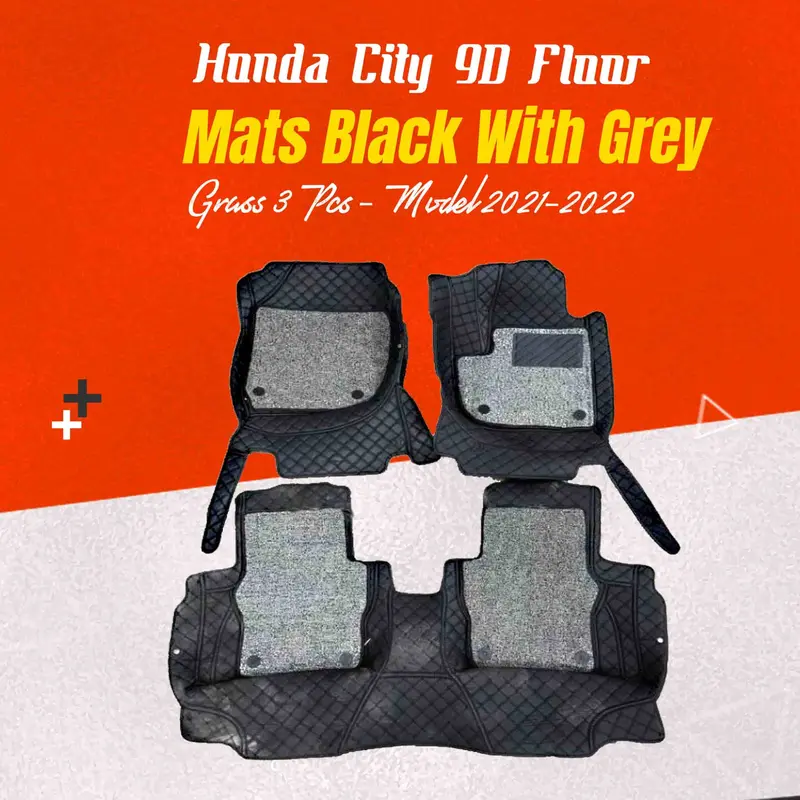 Honda City 9D Floor Mats Mix Thread Grass 3Pcs 2021 - 2025 - Black With Grey 1