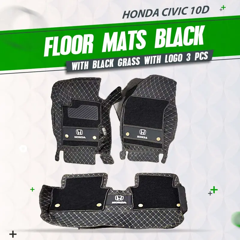 Honda Civic 10D Floor Mats Black With Black Grass 2012 - 2016 - Thread Black With Logo 3Pcs 1