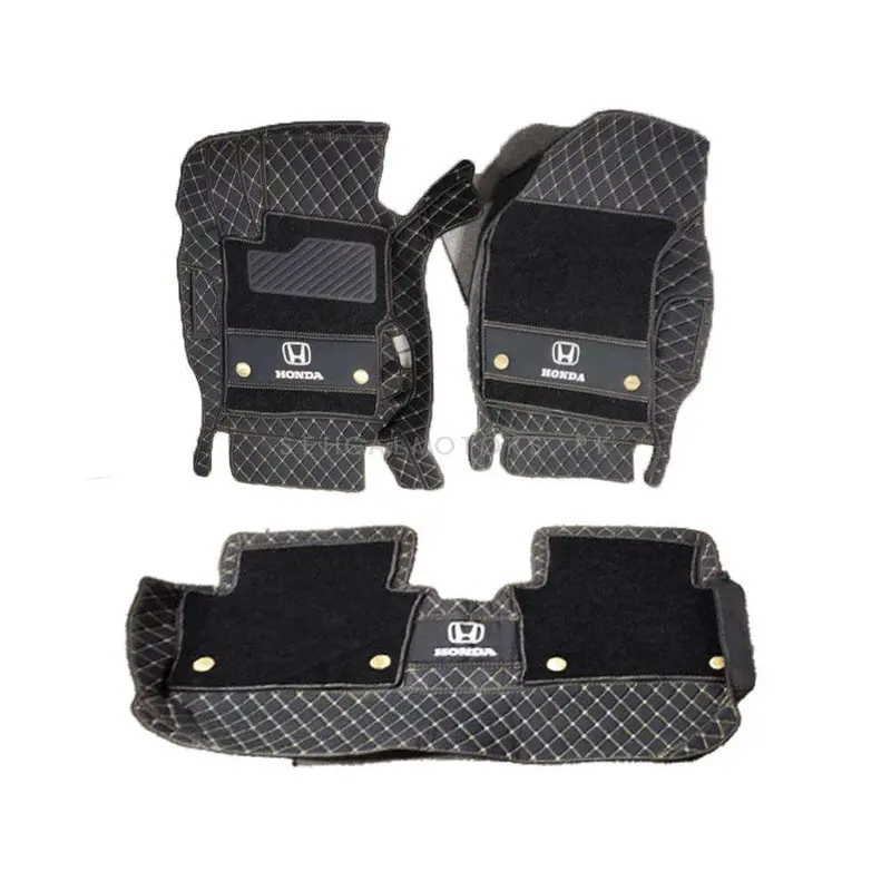 Honda Civic 10D Floor Mats Black With Black Grass 2012 - 2016 - Thread Black With Logo 3Pcs 2