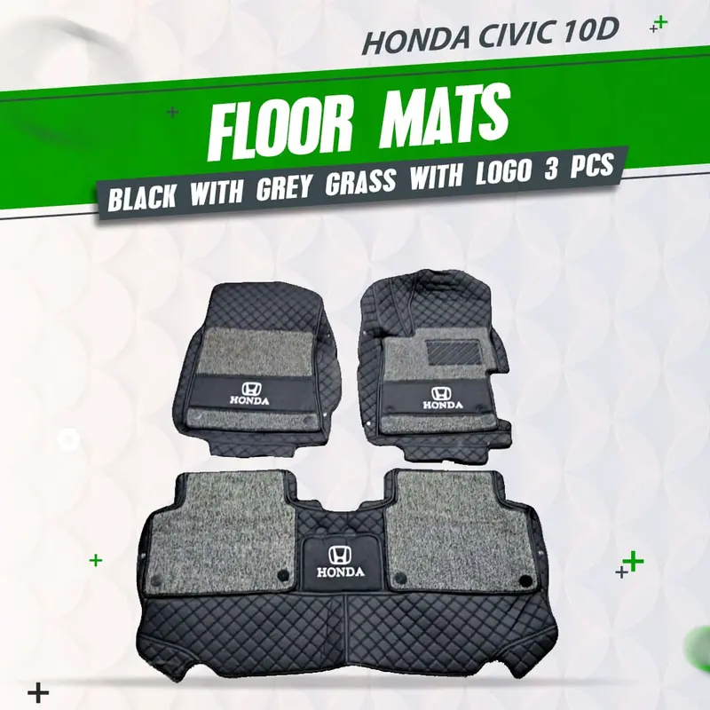 Honda Civic 10D Floor Mats - Mix Thread Black With Grey Grass 2012 - 2016 - With Logo - 3 Pcs Set 1