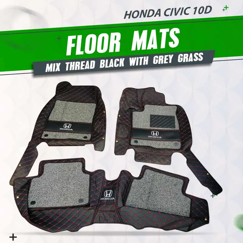 Honda Civic 10D Floor Mats -Mix Thread Black With Grey Grass 3 Pcs 2016 - 2021 - - With Logo 1