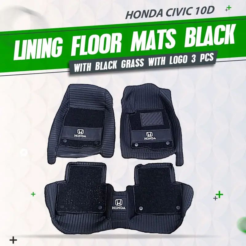 Honda Civic 10D Lining Floor Mats Black With Black Grass 3 Pcs 2016 - 2025 - Mix Thread With Logo 1