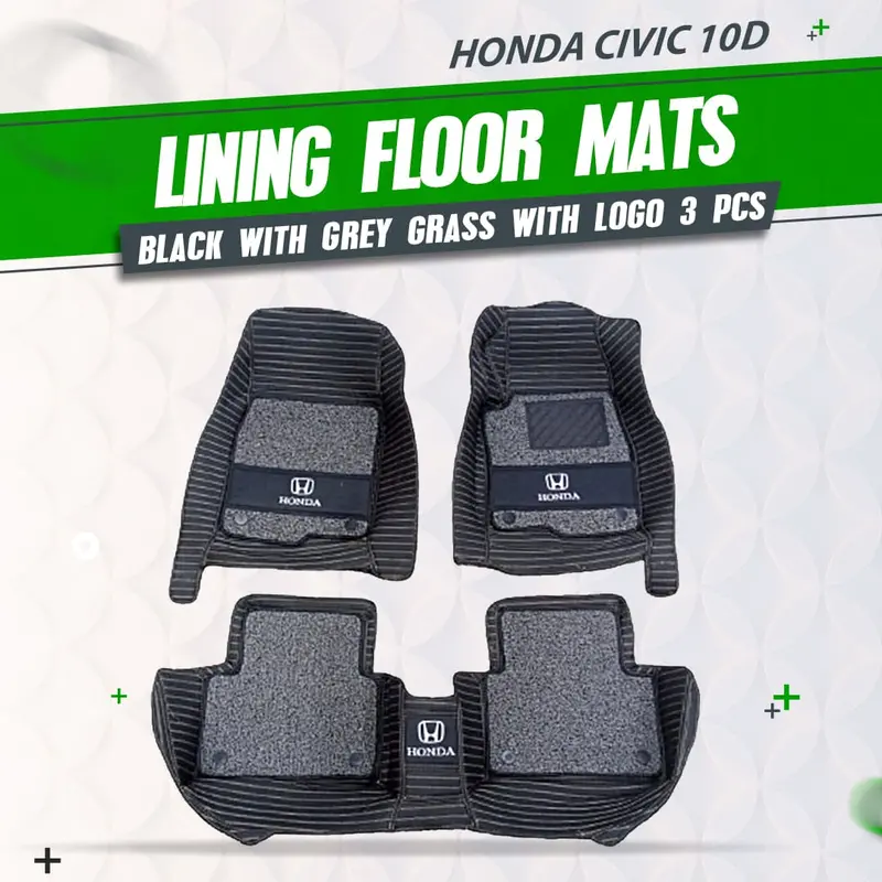 Honda Civic 10D Lining Floor Mats - Black With Grey 3 Pcs 2016 - 2021 - - Grass With Logo - Mix Thread 1