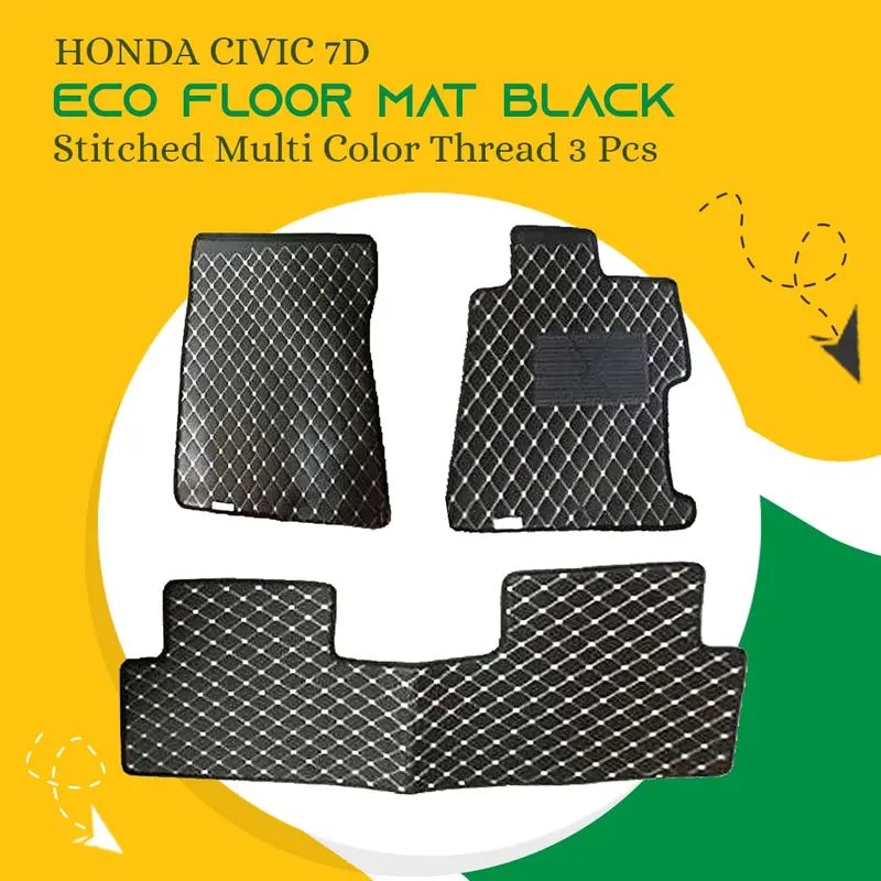 Honda Civic 7D Eco Floor Mats Black 2013 - 2015 - Stitched Multicolor Thread 3 Pcs 1