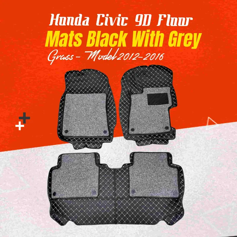 Honda Civic 9D Floor Mats Mix Thread 2012 - 2016 - Black With Grey Grass 1