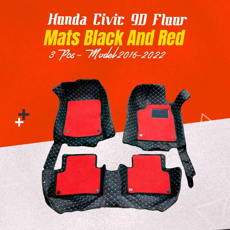 Honda Civic 9D Floor Mats Mix Thread  3 Pcs 2016 - 2022 - Black And Red 1