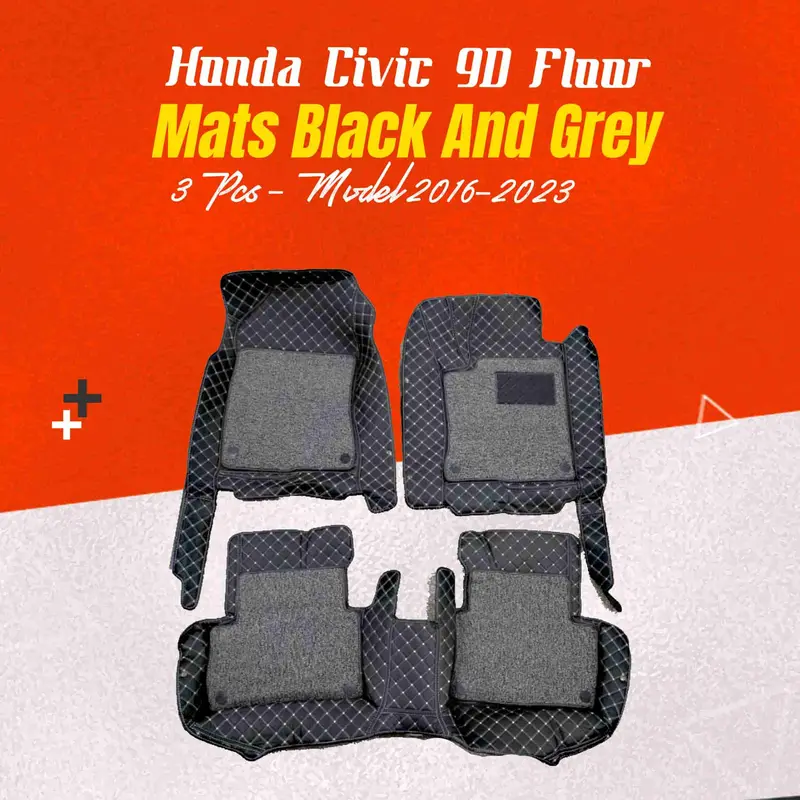 Honda Civic 9D Floor Mats Mix Thread 3 Pcs 2016 - 2025 - Black And Grey 1