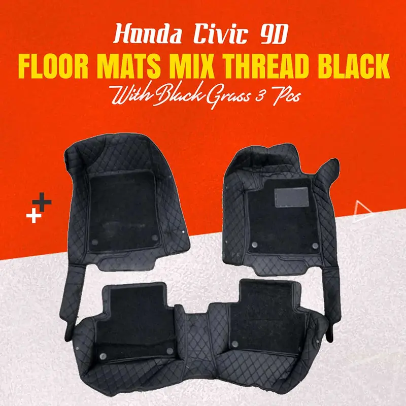 Honda Civic 9D Floor Mats Mix Thread  3 Pcs 2016 - 2025 - Black With Black Grass 1
