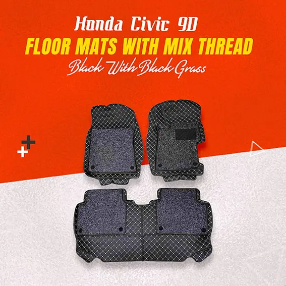 Honda Civic 9D Floor Mats With Mix Thread 3Pcs 2012 - 2016 - Black With Black Grass 1