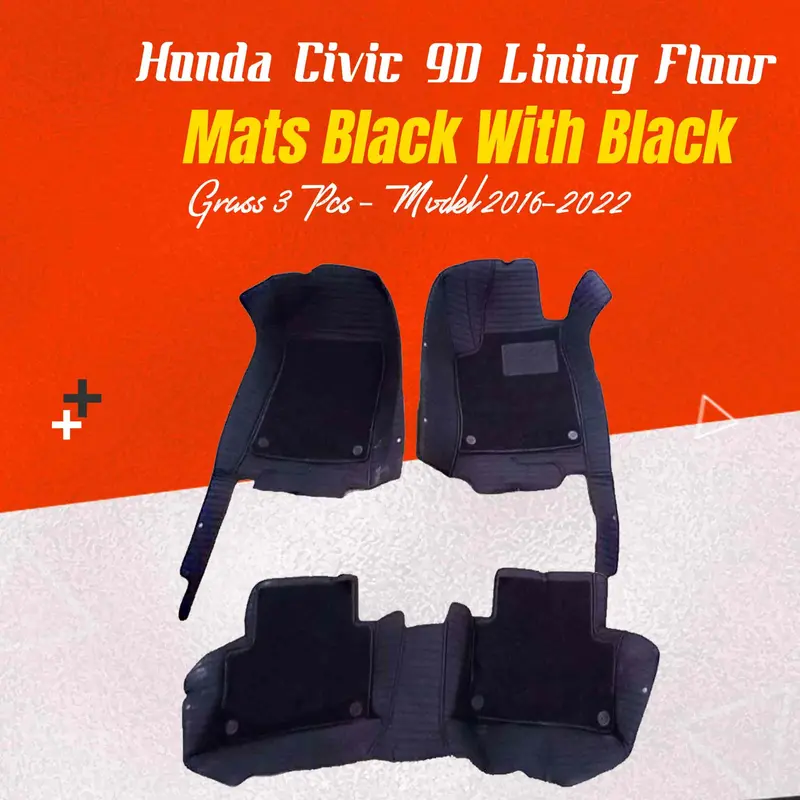 Honda Civic 9D Lining Floor Mats Mix Thread Grass 3 Pcs 2016 - 2021 - Black With Black 1