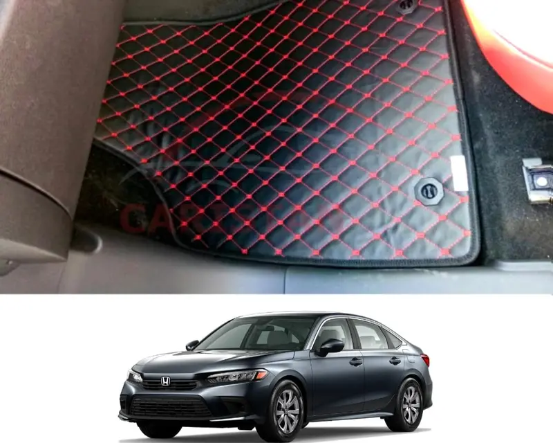 Honda Civic Eco Black 7D Floor Mat Set – 3-Piece with Vibrant Multicolor Stitching, 2022–2024