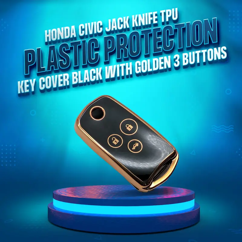 Honda Civic Jack Knife Tpu Plastic Key Cover 3 Buttons 2012 - 2013 - Black With Golden 1