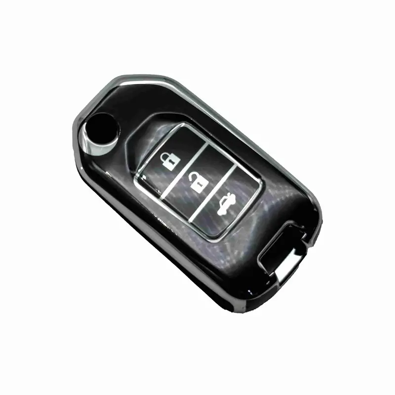 Honda Civic Jack Knife Tpu Plastic Key Cover 3 Buttons 2014 - 2016 - -- Black With Chrome 2