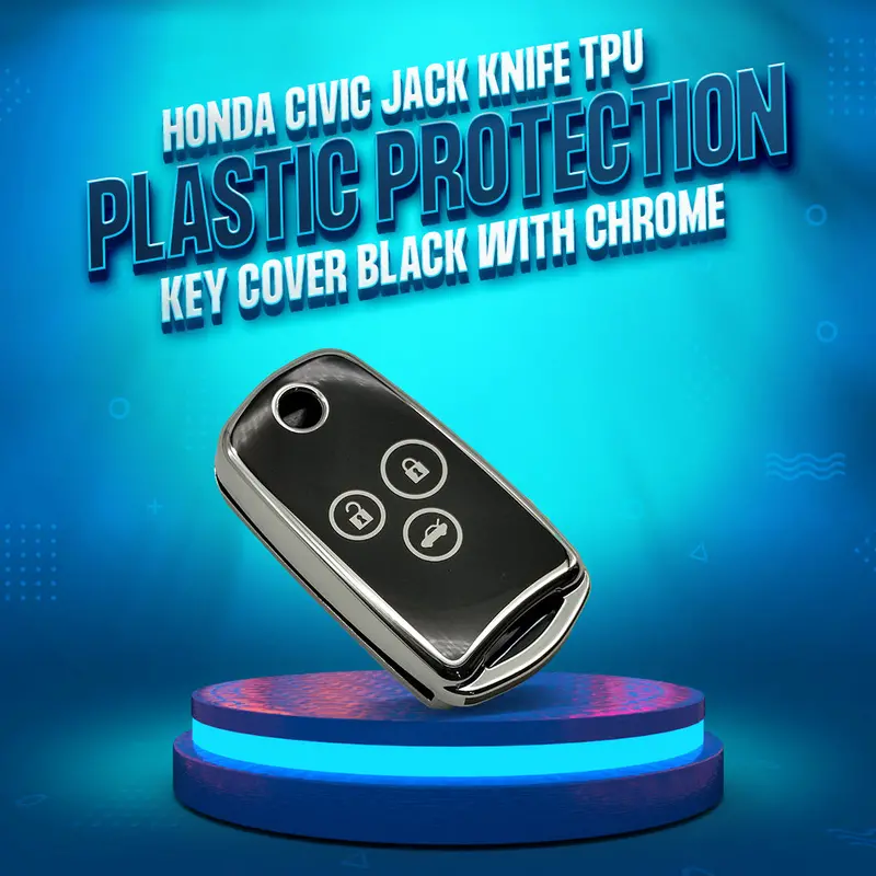 Honda Civic Jack Knife Tpu Plastic Key Cover With Chrome 3 Button 2012 - 2013 - Black 1