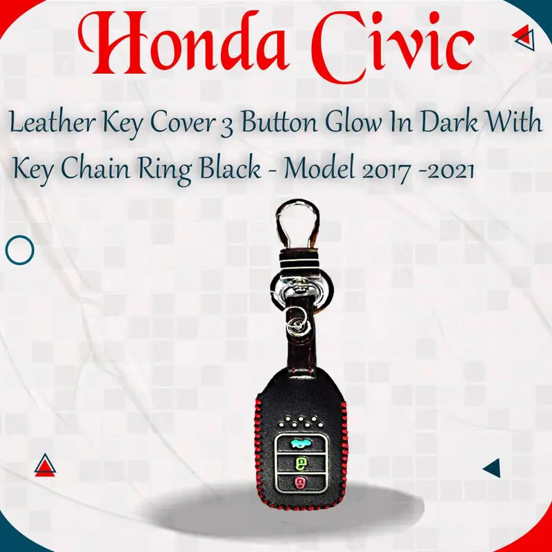 Honda Civic Leather Key Cover 3 Button Glow In Dark 2016 - 2021 - - With Key Chain Ring Black 1