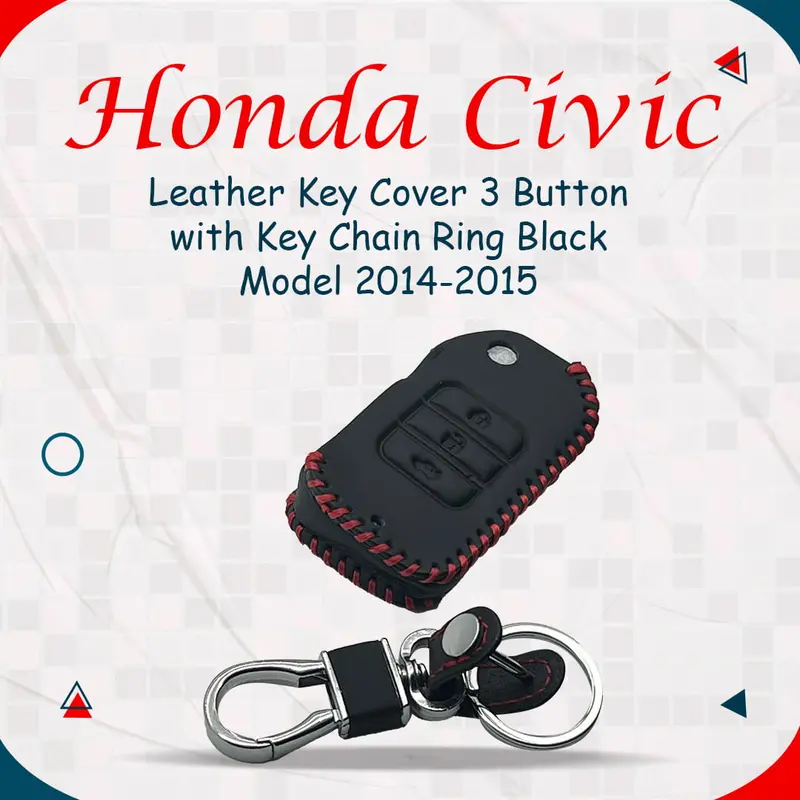 Honda Civic Leather Key Cover 3 Button With Key Chain Ring Black 2014 - 2016 1
