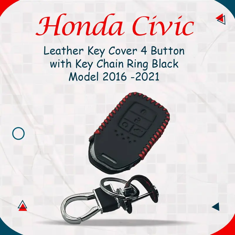 Honda Civic Leather Key Cover 4 Button With Key Chain Ring Black 2016 - 2021 1