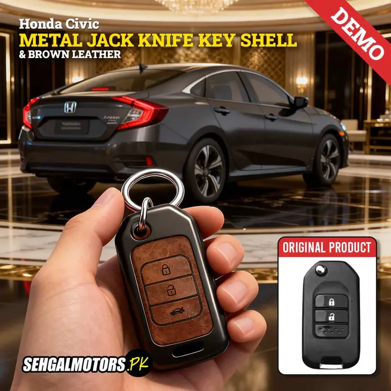 Honda Civic Metal Jack Knife Key Shell With Brown Leather 2013 - 2015 - Keychain - Replacement Casing 1