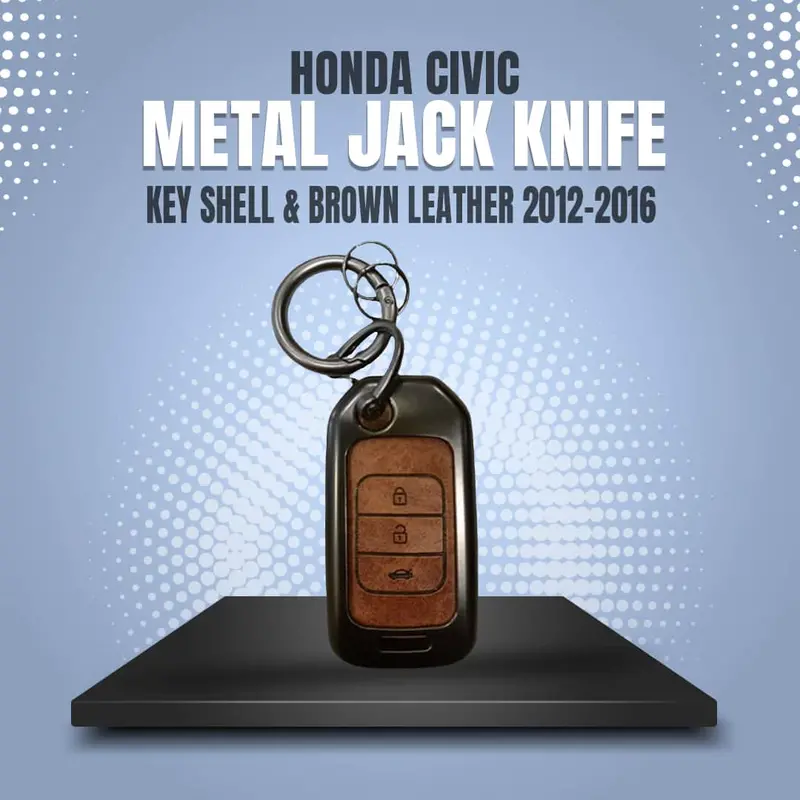 Honda Civic Metal Jack Knife Key Shell With Brown Leather 2013 - 2015 - Keychain - Replacement Casing 2