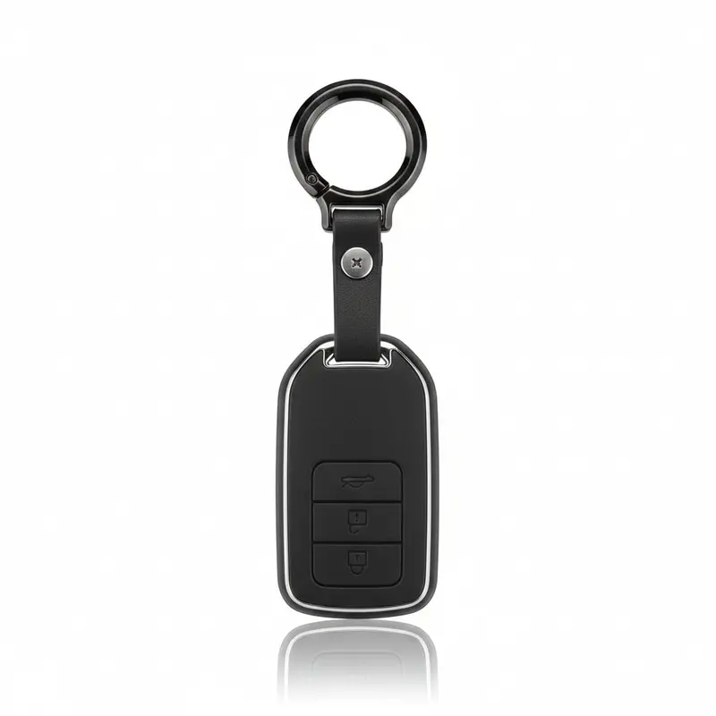 Honda Civic Tpu Key Cover With Keychain Black 2016 - 2021 - - Leather Texture 2
