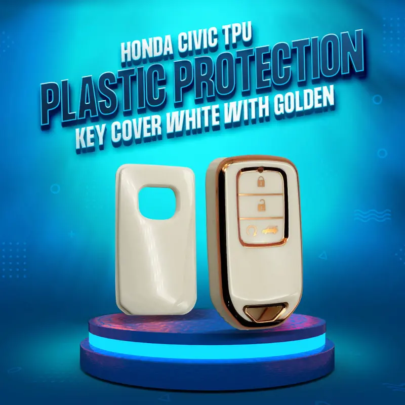 Honda Civic Tpu Plastic Protection Key Cover 4 Buttons 2016 - 2021 - White With Golden 1