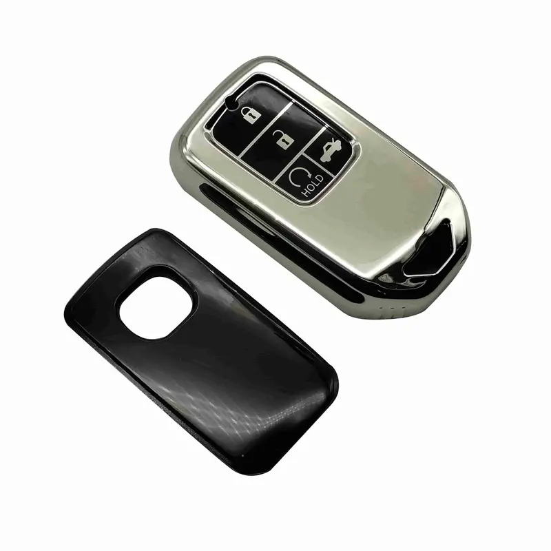 Honda Civic Tpu Plastic Protection Key Cover 4 Buttons Chrome With Black - Full Cover Remote Case Keyless Protector Jacket 2