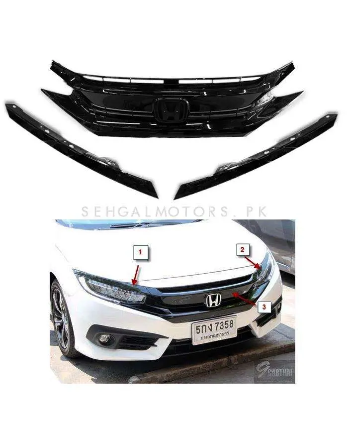 Honda Civic Turbo Grille Piano Black Without Logo 3 Pieces 2016 - 2021 1