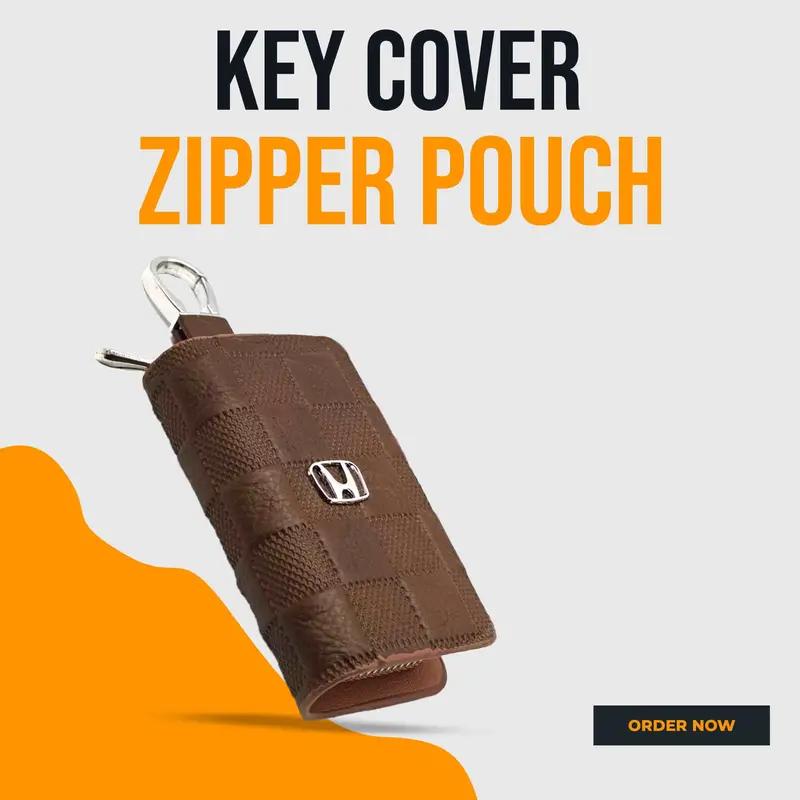 Honda Embossed Zipper Glossy Leather Key Cover Pouch Brown With Keychain Ring 1