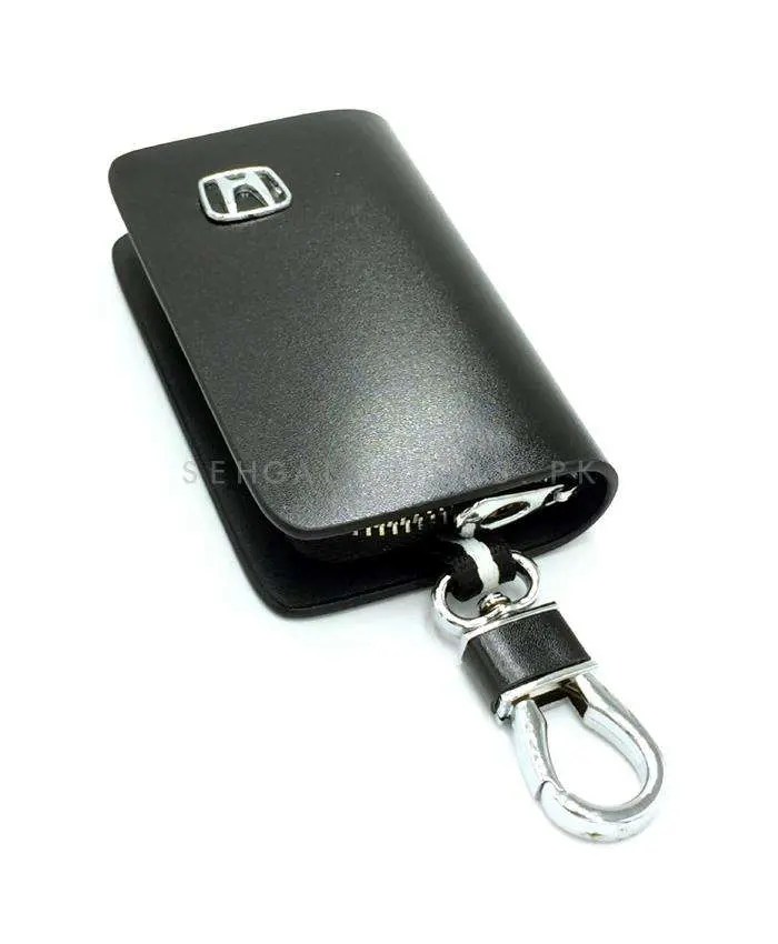 Honda Glossy Leather Key Cover Pouch Black With Keychain Ring 2