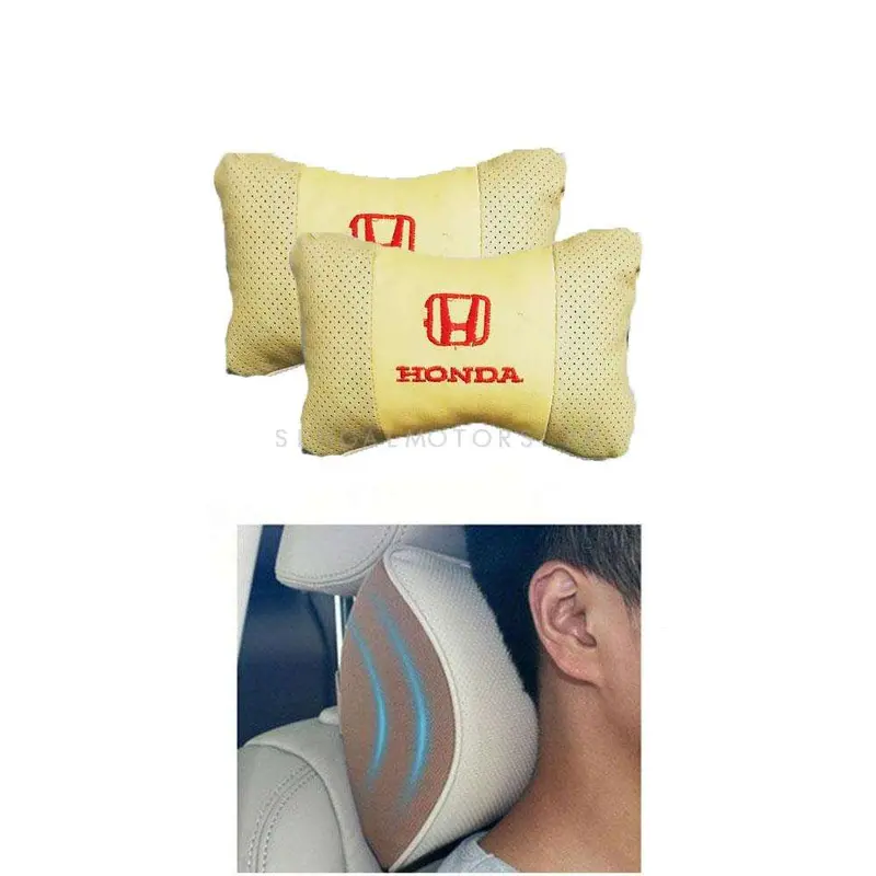 Honda Logo Car Neck Rest Headrest Pillow Cushion Beige Colour - 2 Pcs 2