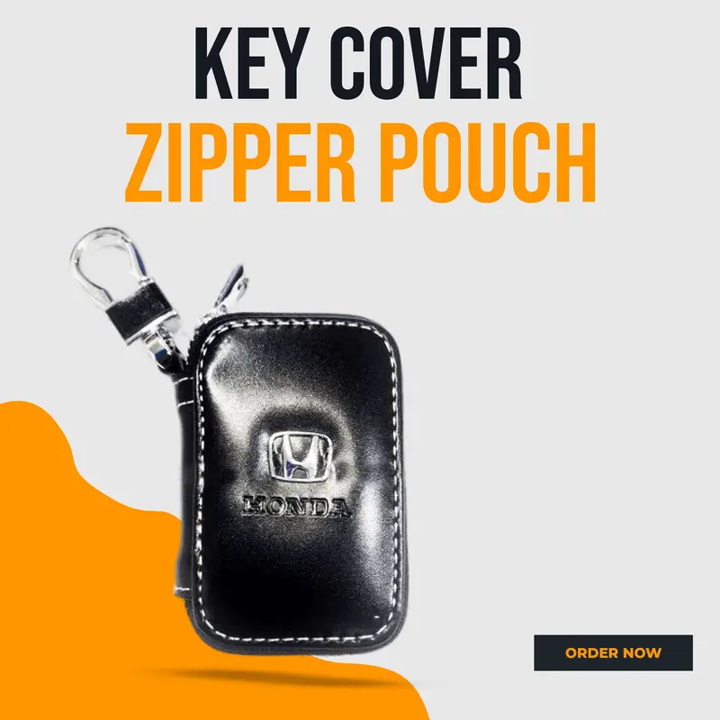 Honda Logo Glossy Leather Key Cover Pouch Black With Keychain Ring 1