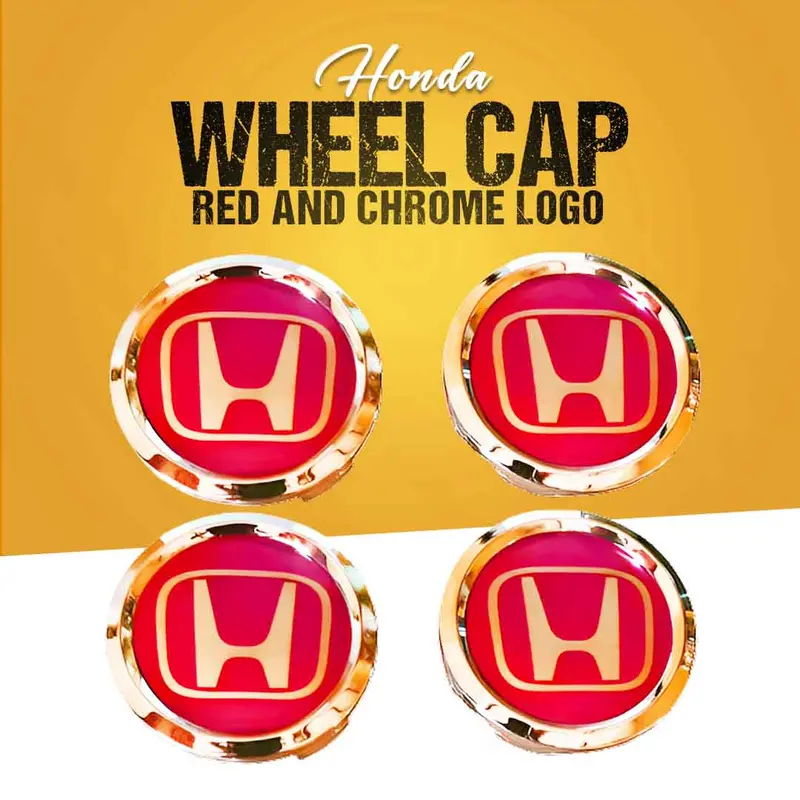 Honda Logo Wheel Hub Covers Red And Chrome Sticker - 4 Pcs 1