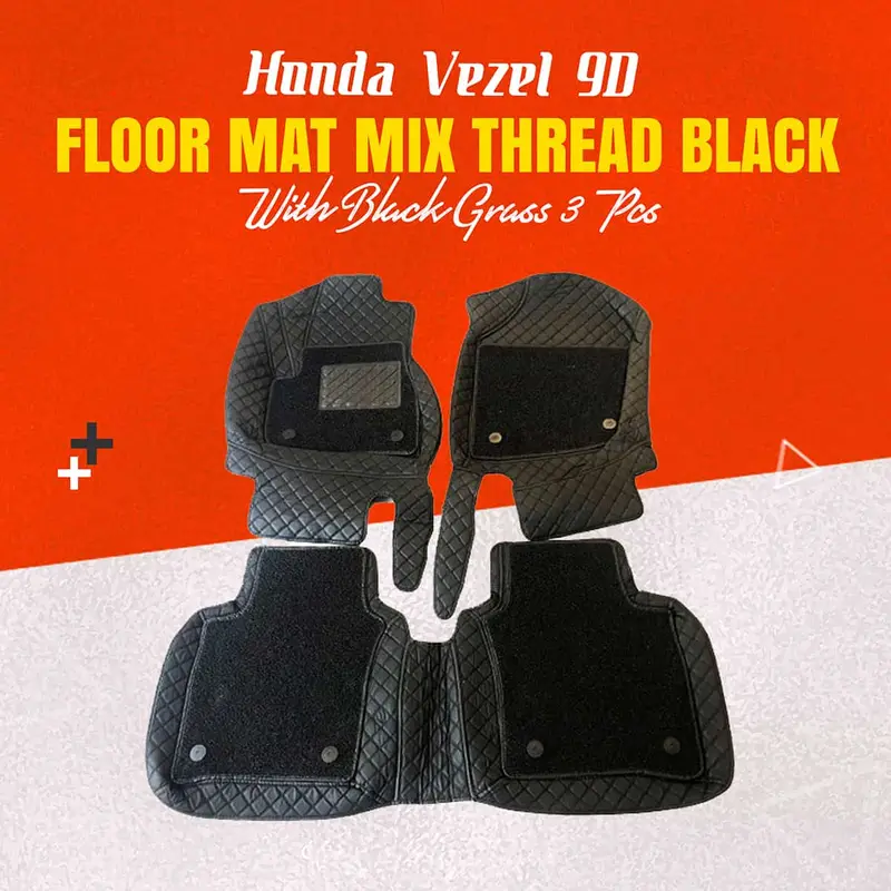 Honda Vezel 9D  Floor Mats Mix Thread  3 Pcs 2013 - 2025 - Black With Black Grass 1