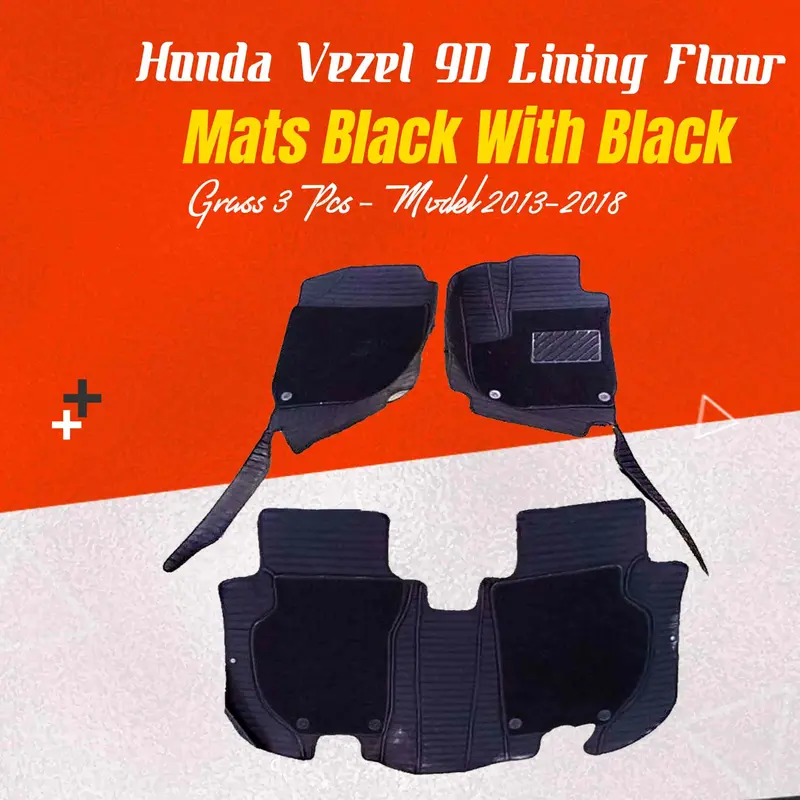 Honda Vezel 9D Lining Floor Mats Mix Thread Grass 3 Pcs 2013 - 2025 - Black With Black 1