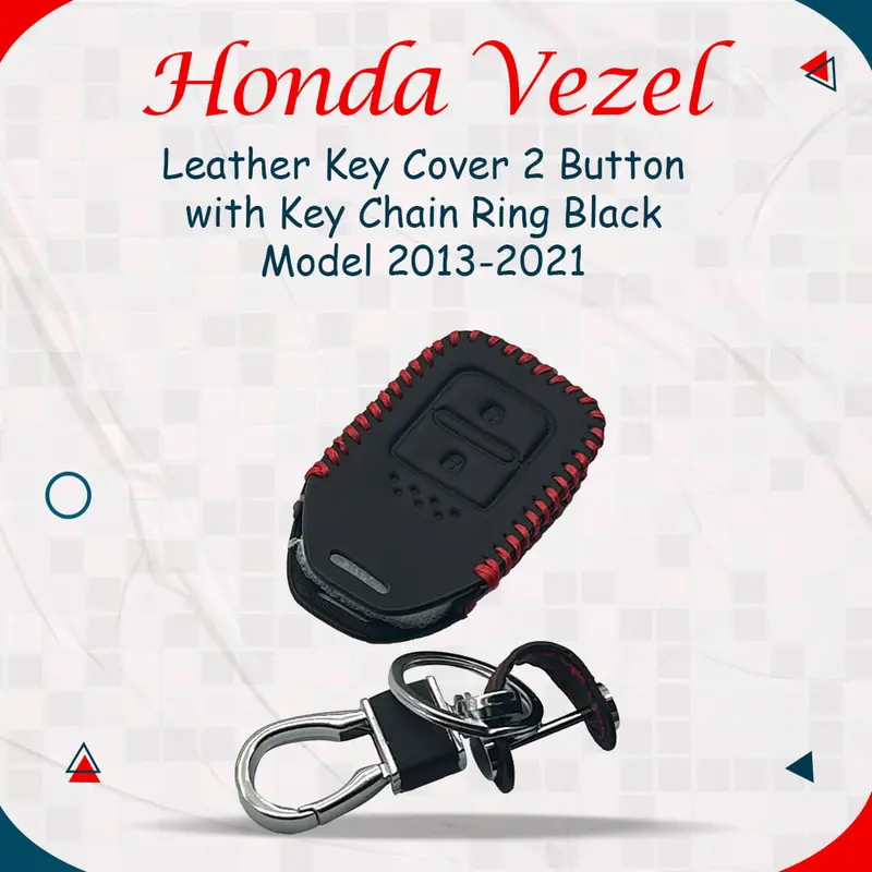 Honda Vezel Leather Key Cover 2 Button With Key Chain Ring Black 2013 - 2025 1