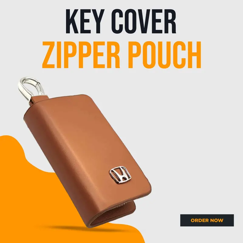Honda Zipper Glossy Leather Key Cover Pouch Brown With Keychain Ring 1